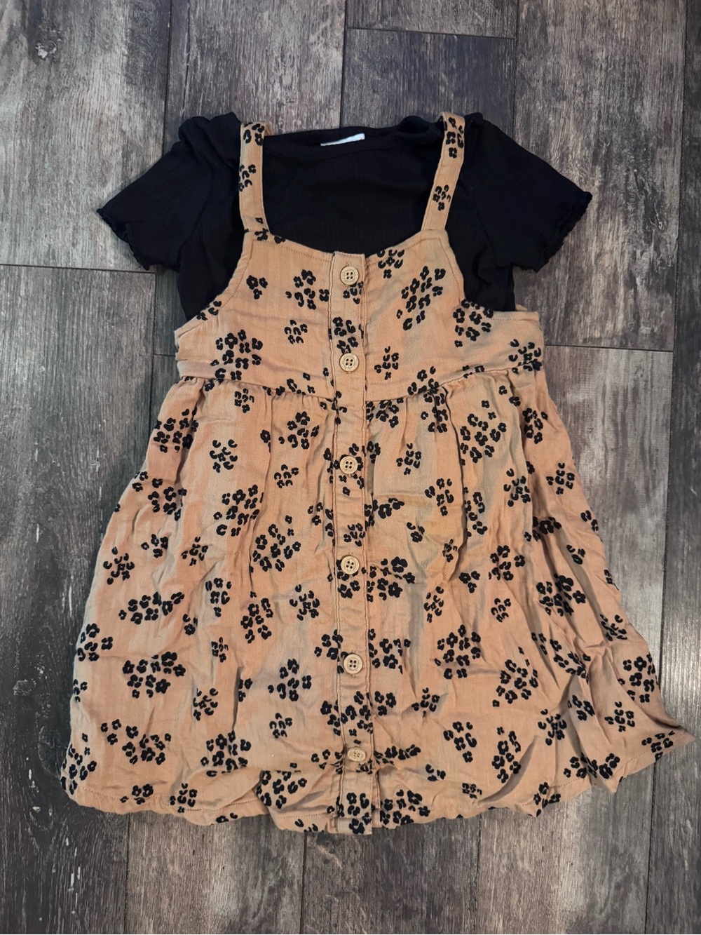 jumping beans Tan Floral Button-Front Pinafore Dress with Black Tee